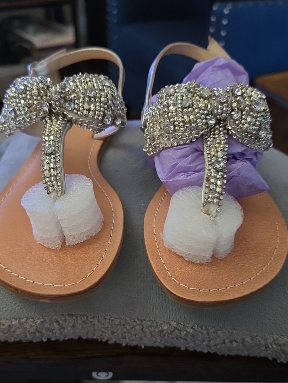Mojo Moxy Nude T-Strap Sandals with Silver Rhinestone Bow